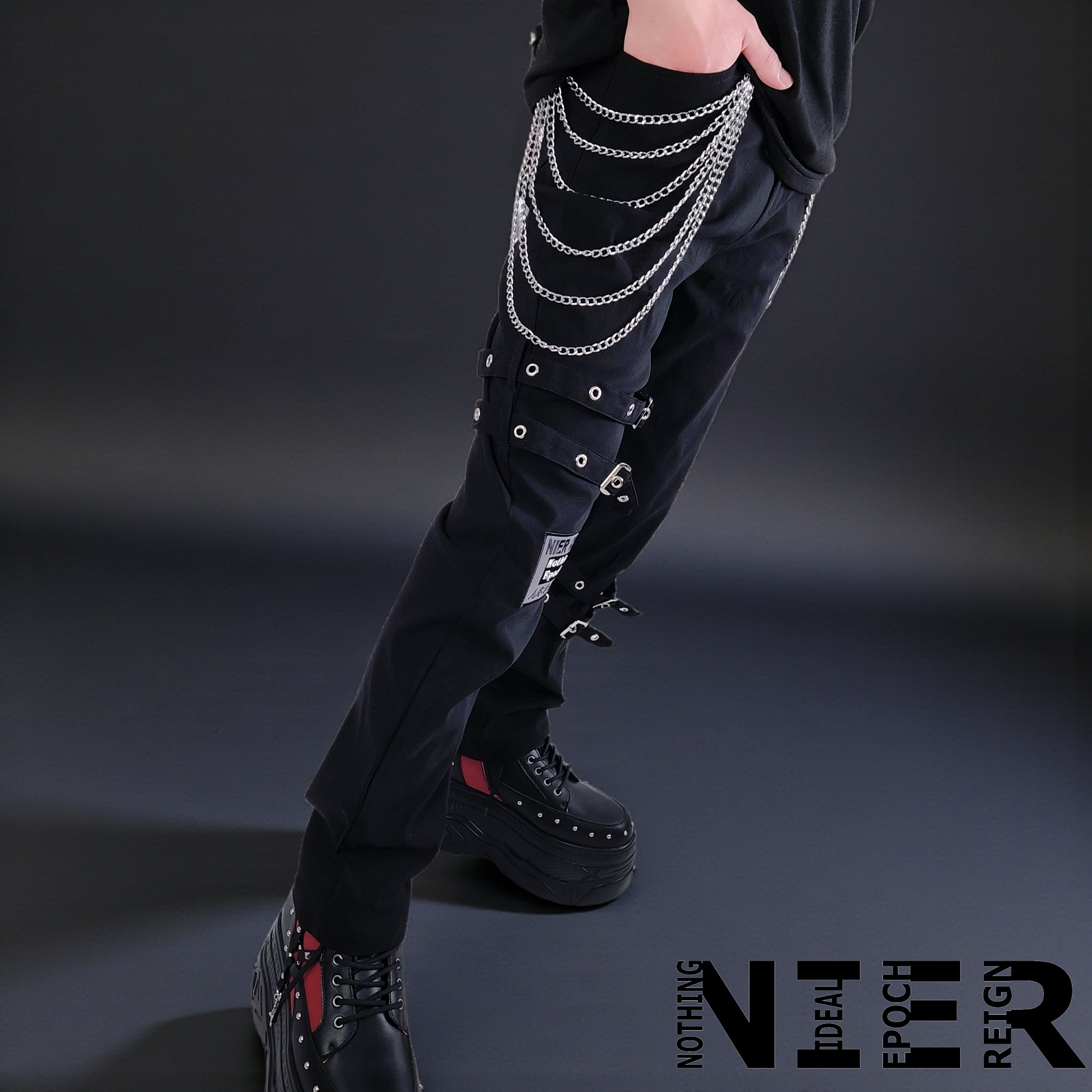 多連チェーン×ベルト装飾付きPUNK VISUAL PANTS | NIER CLOTHING