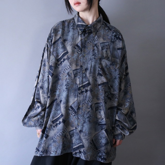 "刺繍" bi-color switching design over silhouette band-collar minimal shirt