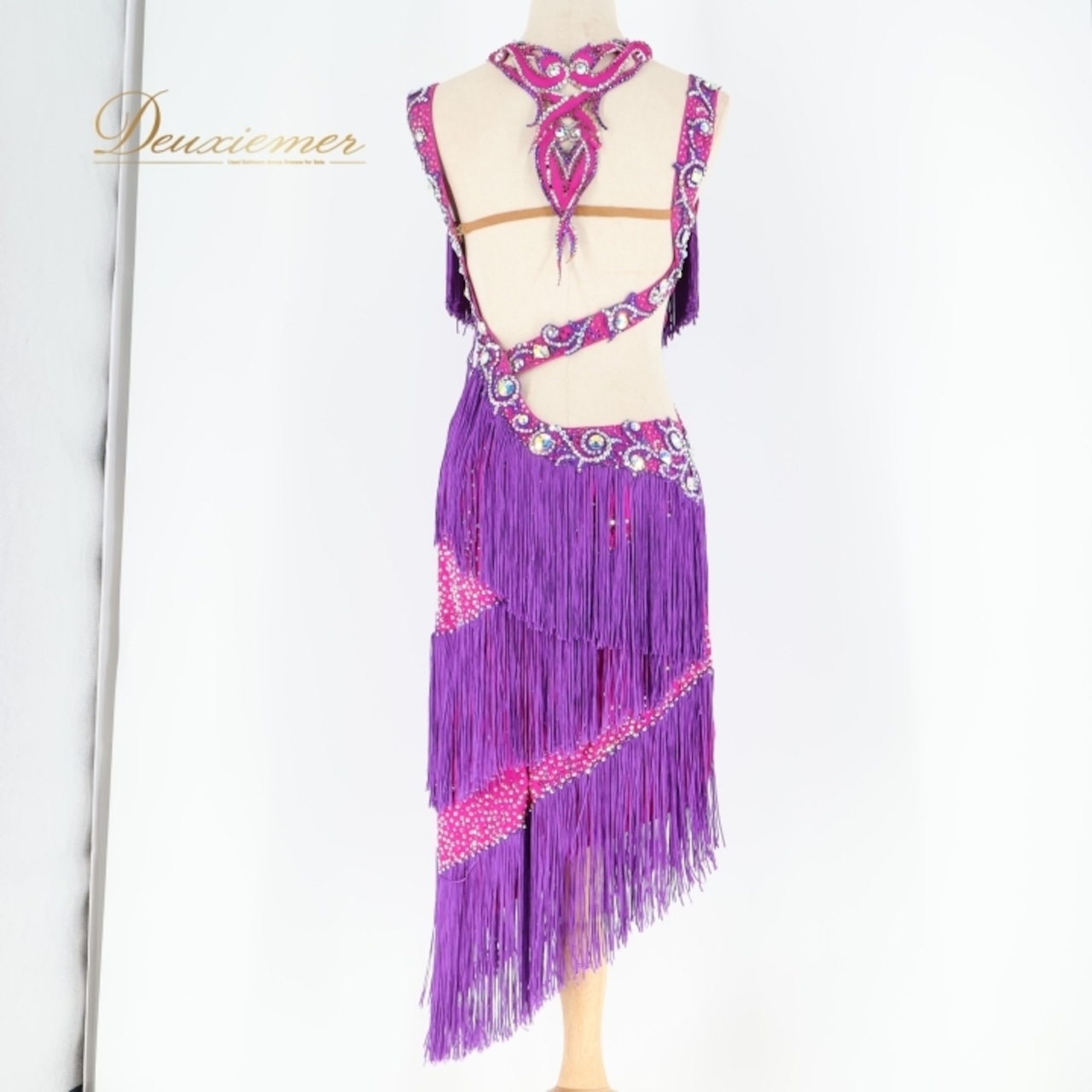 社交ダンス 衣装 ラテン ドレス ワンピース フリンジ 紫 ピンク デモ 競技 ダンス パーティ 発表会 Elegance ピンク系 パープル系 鮮やか おしゃれ ラテンダンス 衣装 レディース 競技会 発表用 ショー デモ用 ダンス衣装