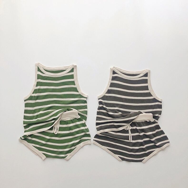 【BABY&KID】夏新作 ボーダーノースリーブシャツ ショートパンツ