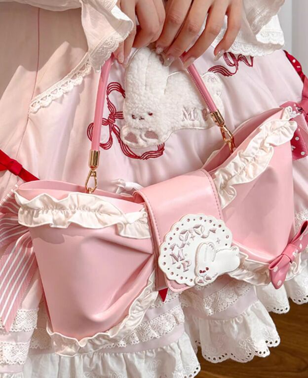 甘ロリ ハンドバッグ + リボン付きロングストラップ ショルダーバッグ