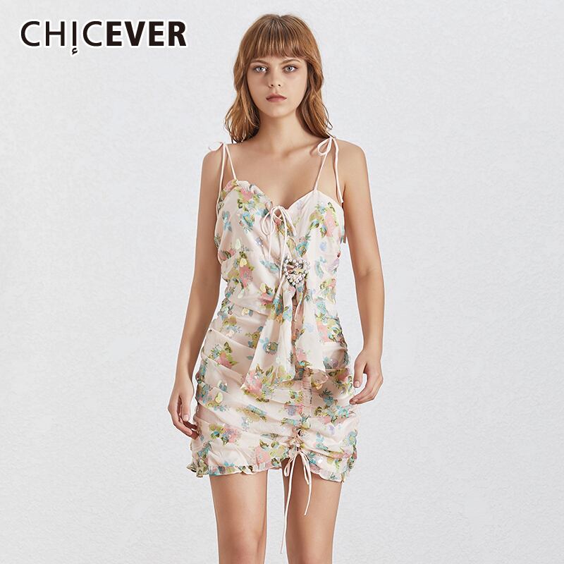 CHICEVERセクシーな巾着シャーリングドレス女性スリングノースリーブウエストダイヤモンドフリルミニドレス ラッフル 6base562725654357