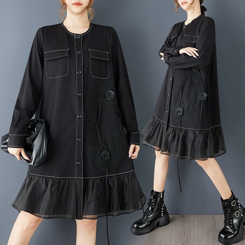 BLACK ROUND NECK A-LINE MINI DESIGN SHIRT DRESS 1color M-15053