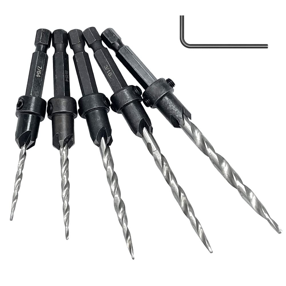 Saipor 5本セット 皿穴ドリルビット 木工用ドリル 皿取り錐 六角軸 下穴錐テーパー 下穴ドリル M2高速度鋼製 面取りカッター