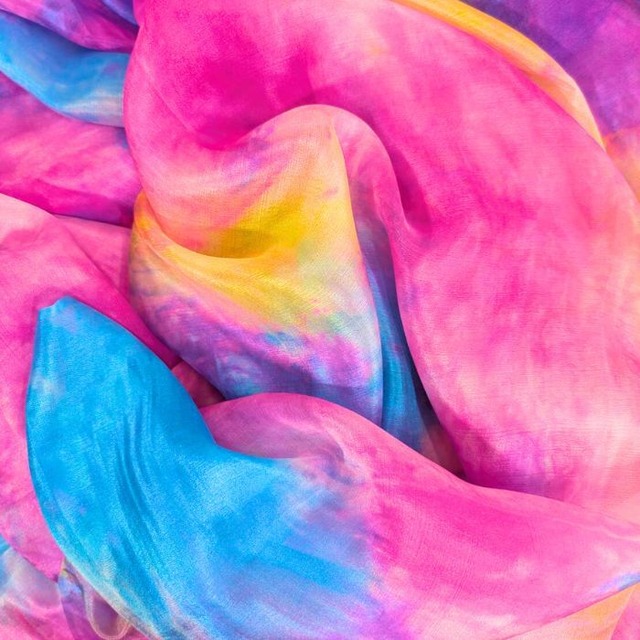 【270cm×114cm】艶々！ピンク イエロー ブルー  1942-p シルクベール 2.7ｍ×1.14ｍ ハフラ ベリーダンス　衣装　ダンス　華やか　オリエンタル　イベント　ハフラ ベリーダンス衣装　ベール シルク 発表会 絹 絹100％ シルク100％