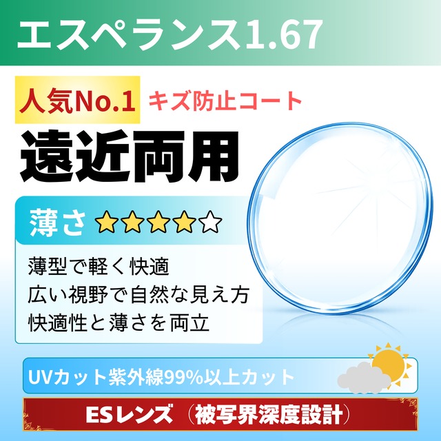 【オプションレンズ】両面累進1.67キズ防止・ES