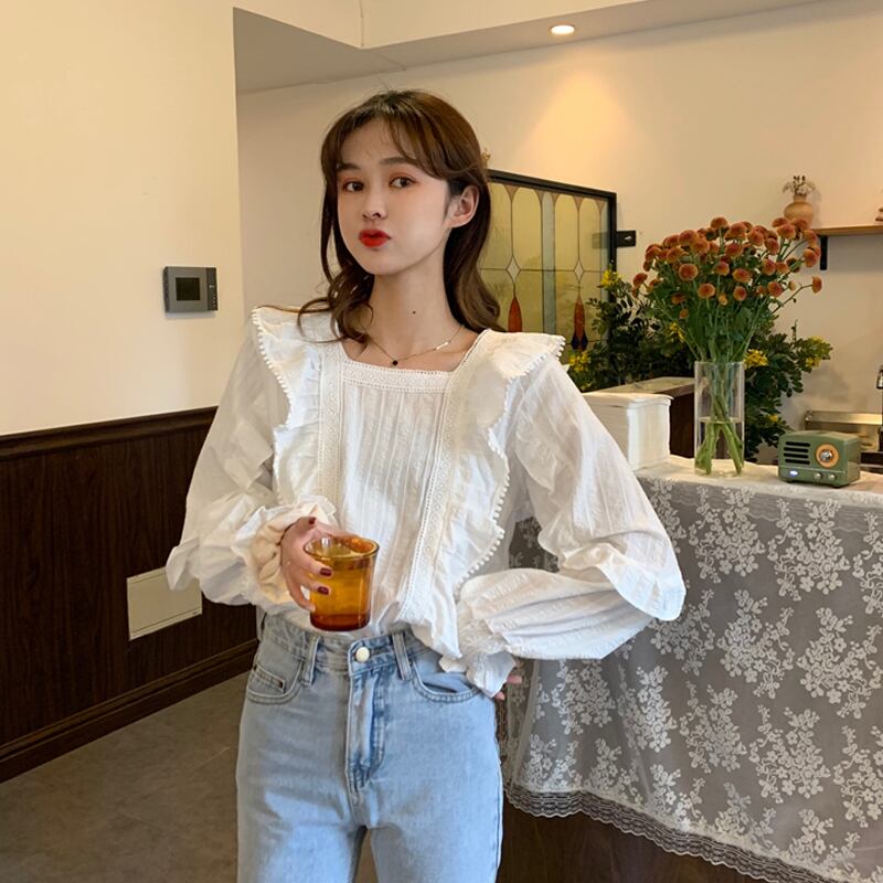 シャツ ルーズホワイトカラーブラウス サマー ロング 夏物 スクウェア 試着室21018119277