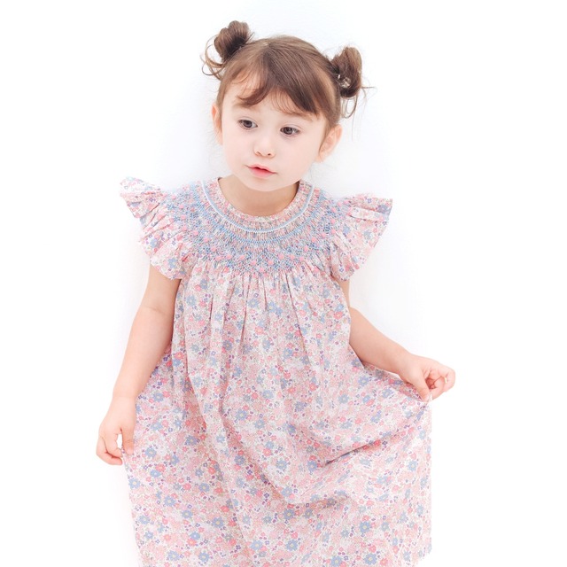 在庫110/スモッキングワンピース パステルフラワー ビショップ