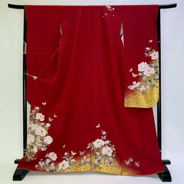 振袖 中古 赤 正絹 古典 裄66.2cm 身丈168.3cm 美品 M サイズ 成人式 4455
