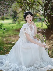 【0073】Lace High Neck Romantic Short Sleeve Dress