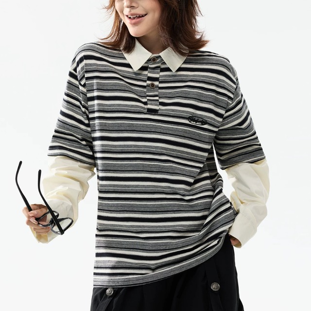 border layered-look long polo tee　ボーダーレイヤードポロロングティー　J2107