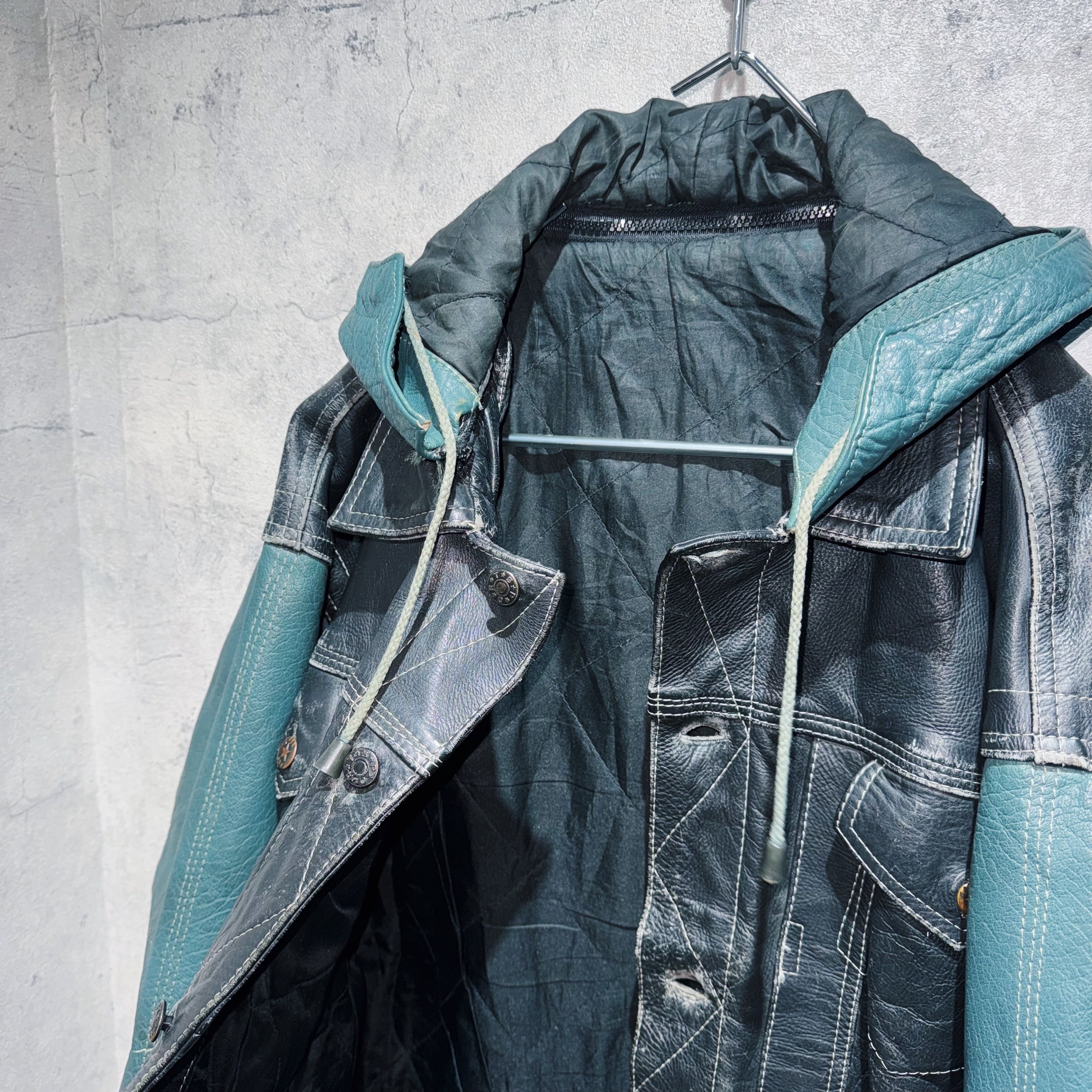 special 90's 2way cowhide switching color design hoodie leather