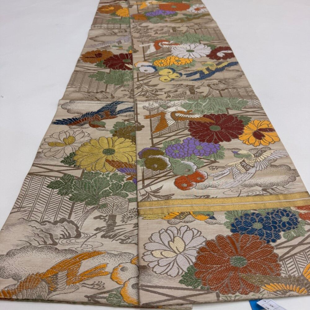 中古 丸帯 正絹 草花 全通柄 ベージュ Bランク 386cm 6253