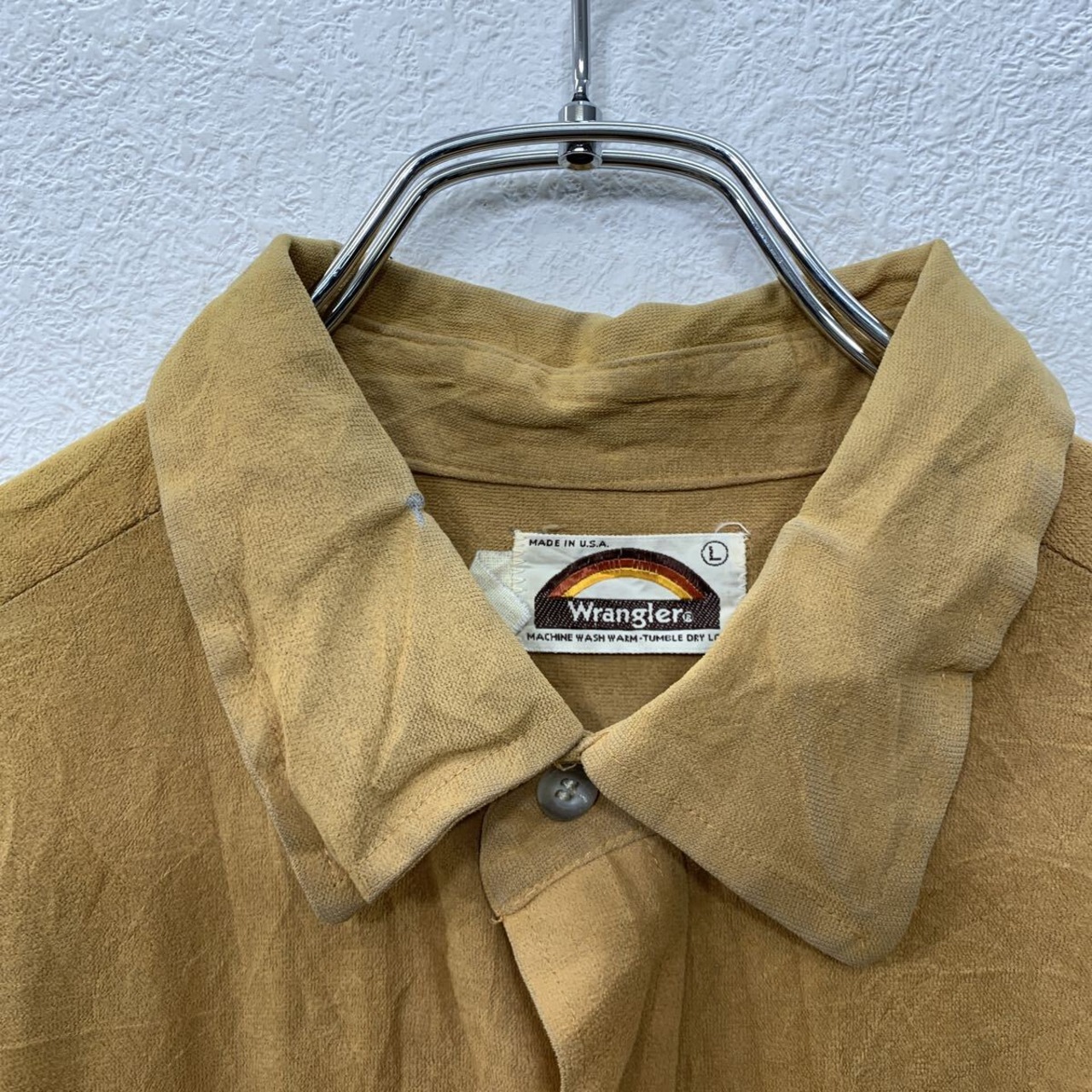 70s USA製 Wrangler 長袖 無地シャツ L ブラウンイエロー ラングラー 