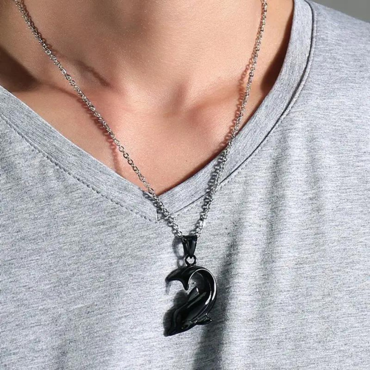 イルカ ステンレス鋼 カップル ペア ペンダント チェーン ピンクゴールド ブラック ネックレス【0217】