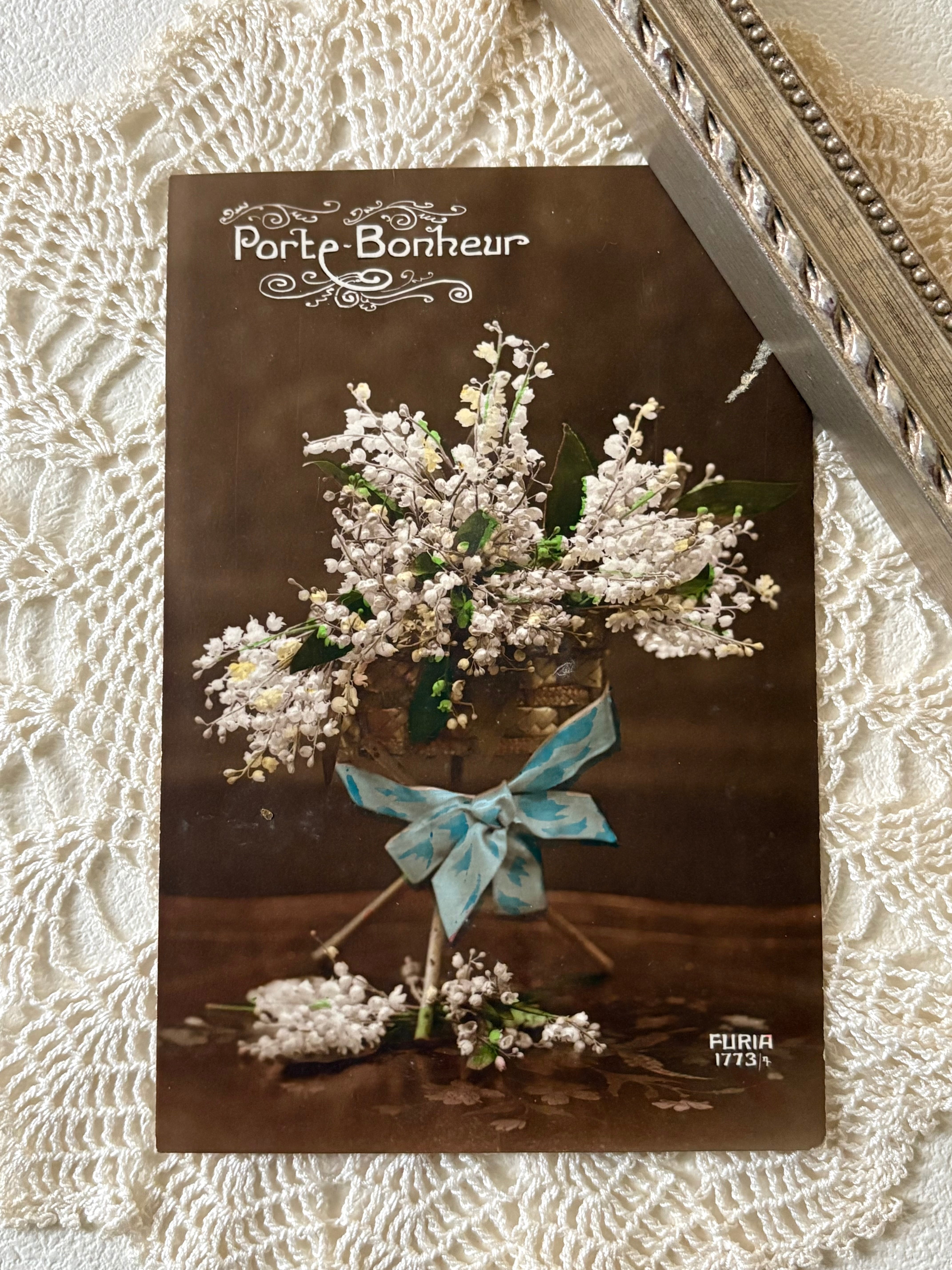 フランス アンティークカード porte-bonheur(ポルト-ボヌール) Muget すずらんのブーケ 額装 インテリア