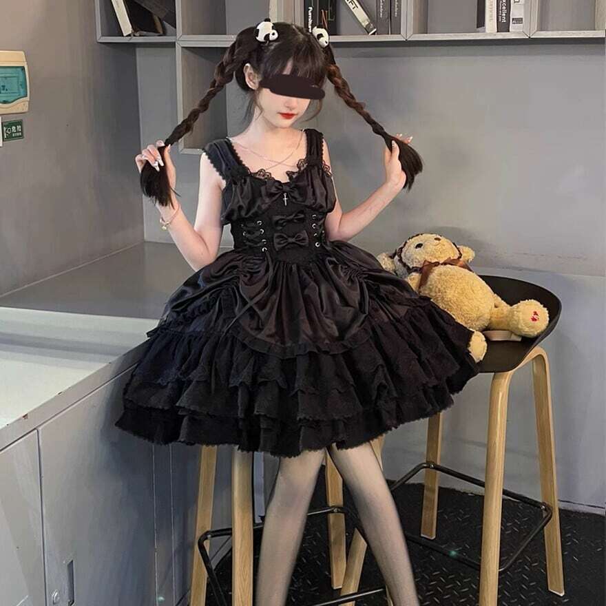 ゴスロリ　ロリータ　ブラック　パニエ付き ゴスロリ 4点セット ドレス×パニエ×グローブ XLサイズ対応｜WithU
