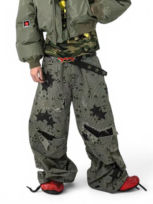 【SANSLAWS】Star Patch Distressed Zip Pants