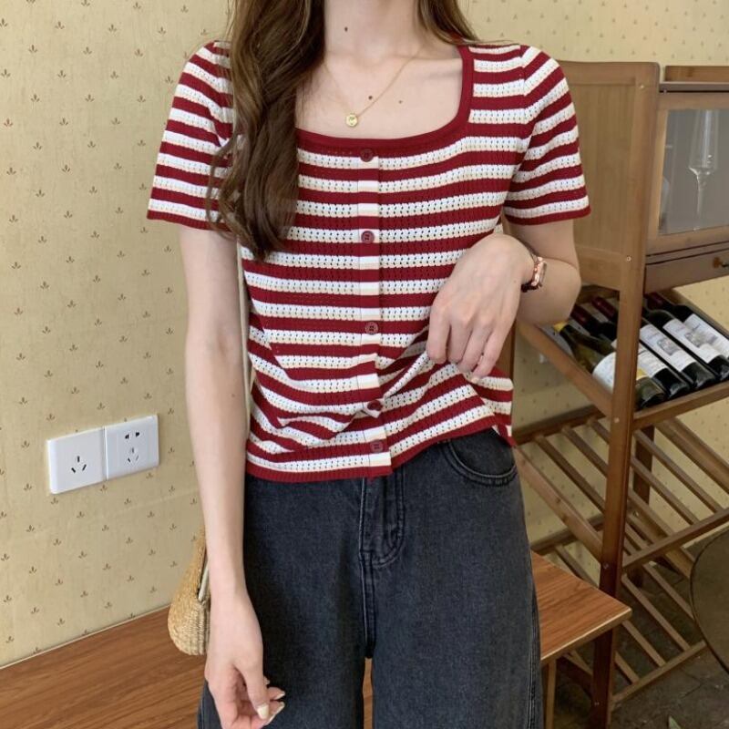 サマーショートスリムストライプニットトップス レディース 夏物 ハンチェンe93459600753