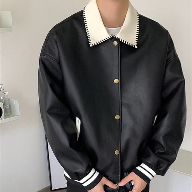 【予約販売】ブルゾン アウター レザー 革ジャン ブラック 無地 PU ショート丈 メンズ お洒落 こなれ感 カジュアル ベーシック 秋 春 大きいサイズ M/L/XL/2XL