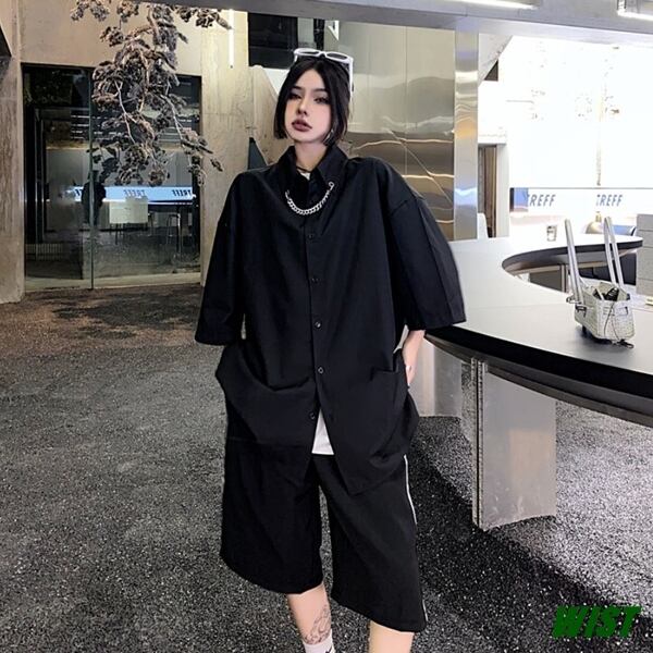 レディース トップス シャツ 黒 ブラック ネックレス付き ストリート カジュアル おしゃれ オルチャン 韓国ファッション 300 Wist