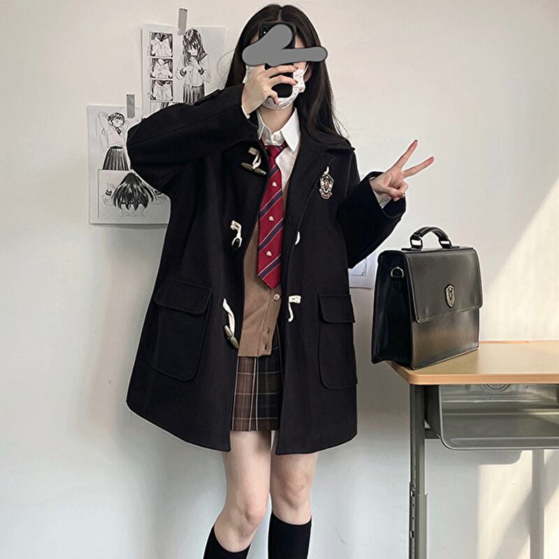 コート カレッジスタイル ホーンボタン 徽章 ワッペン ウール 可愛い