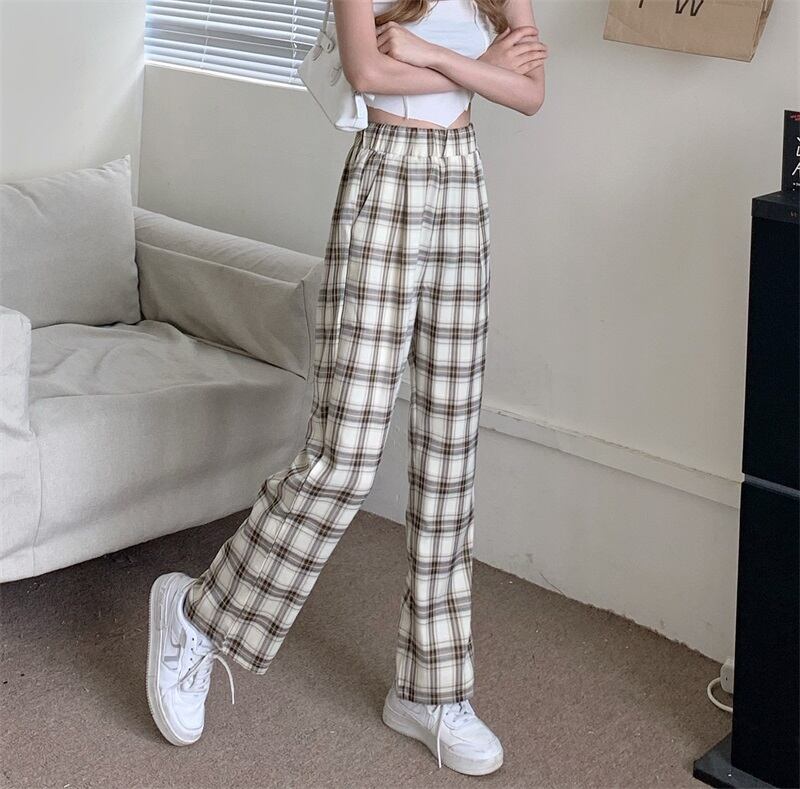 格子柄パンツ ハイウェストウェストカジュアルスプリングオータムルーズ薄手 春物 秋物 萌量不足44426529364