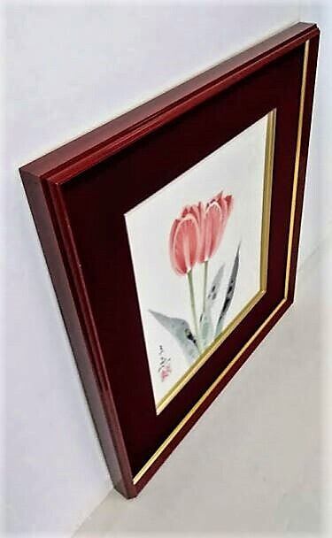 中谷文魚『チューリップ』日本画 色紙額エンジマット ガクブチ外寸38.5