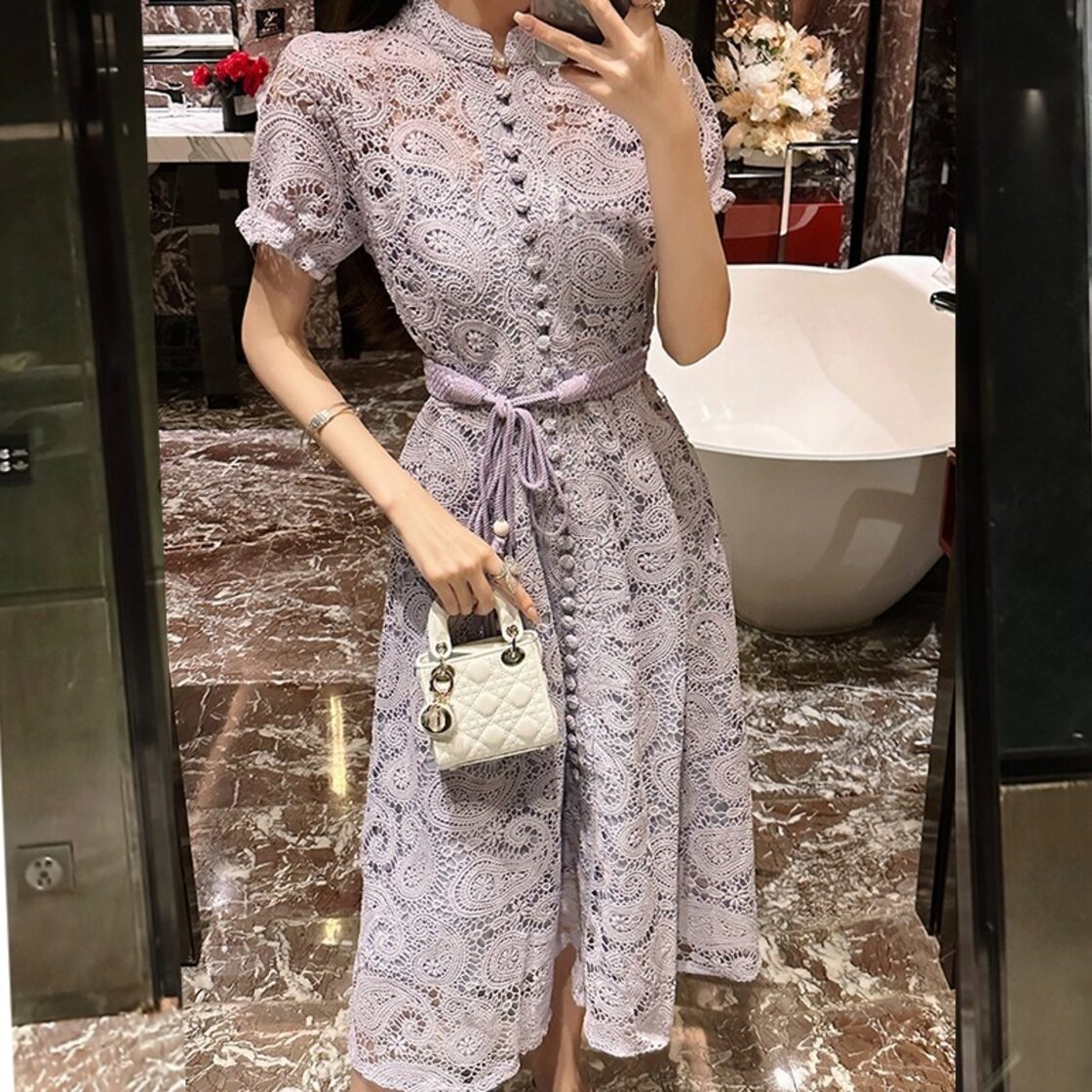 RIMIシリーズ】ロングワンピース レース パフスリーブ レトロ 