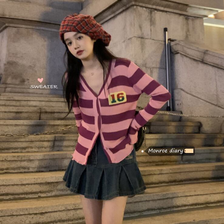 スタイルストライプVネックニットカーディガンオータム薄手セーター ジャケット トップス ロング 大人ガーリー スウィート キュート カジュアル 秋物 モンロー32739465741