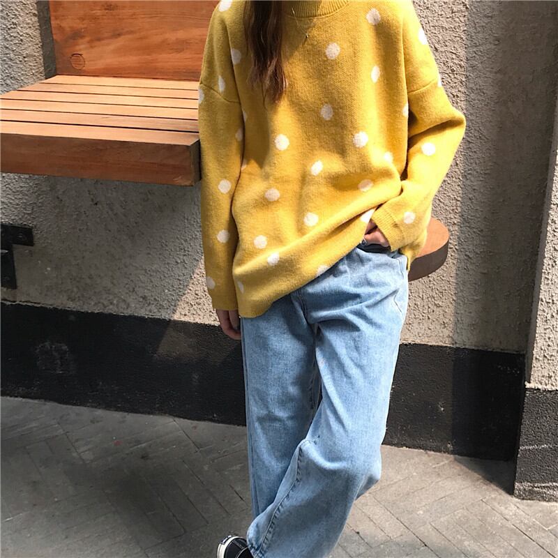 ポップでかわいい 3色 ドット柄長袖ルーズニット セーター ポップでかわいい 3色 ドット柄長袖ルーズニット セーター