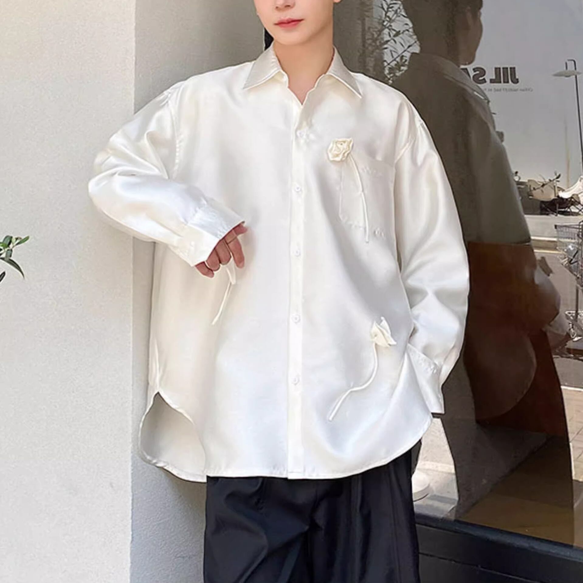 フラワーモチーフサテンシャツ 2color MTO0351