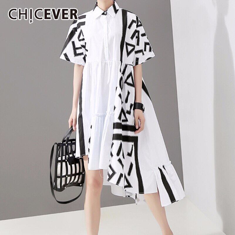 CHICEVER非対称パッチワークプリントレディースドレスラペルカラー半袖巾着シャーリング不規則な裾ドレスタイド ショート ハーフスリーブ 6base530850314706