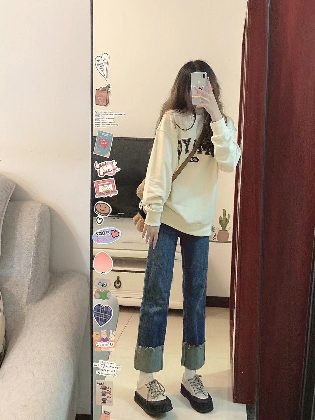 【新作】【送料無料】 大きいサイズのレトロなシガレットジーンズの女性のストレートレッグ春と秋の脂肪mmスリム梨型体型小男カール9点パンツ 0323565848060