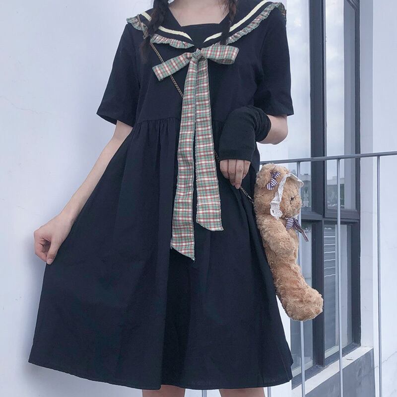 スタイルルーズドレス サマー格子柄ネイビーカラースカート 夏物 萌量不足31669632666