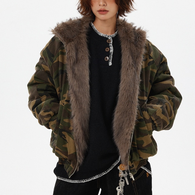 hooded camouflage fur jacket　フード付き迷彩ファージャケット　J1555
