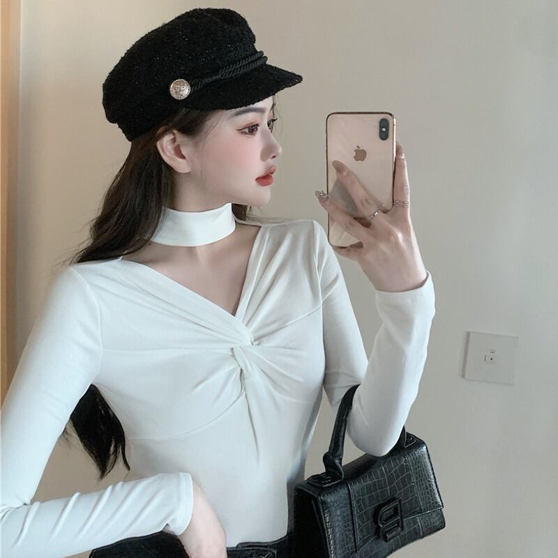 ソリッド カラートップス オータムVネック薄手シャツ Tシャツ レディース ロング 秋物 ソリッドカラー ハンチェンe72344566866