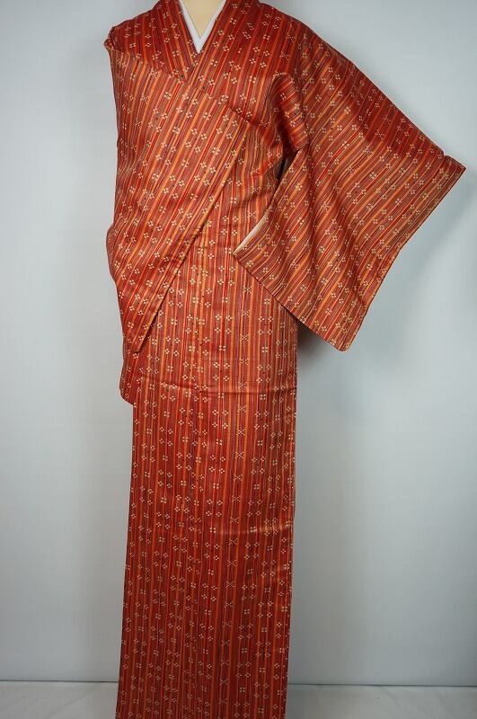 美品 手織り節紬 絣 縦縞 赤 オレンジ 131 | kimono Re:和 [online ...