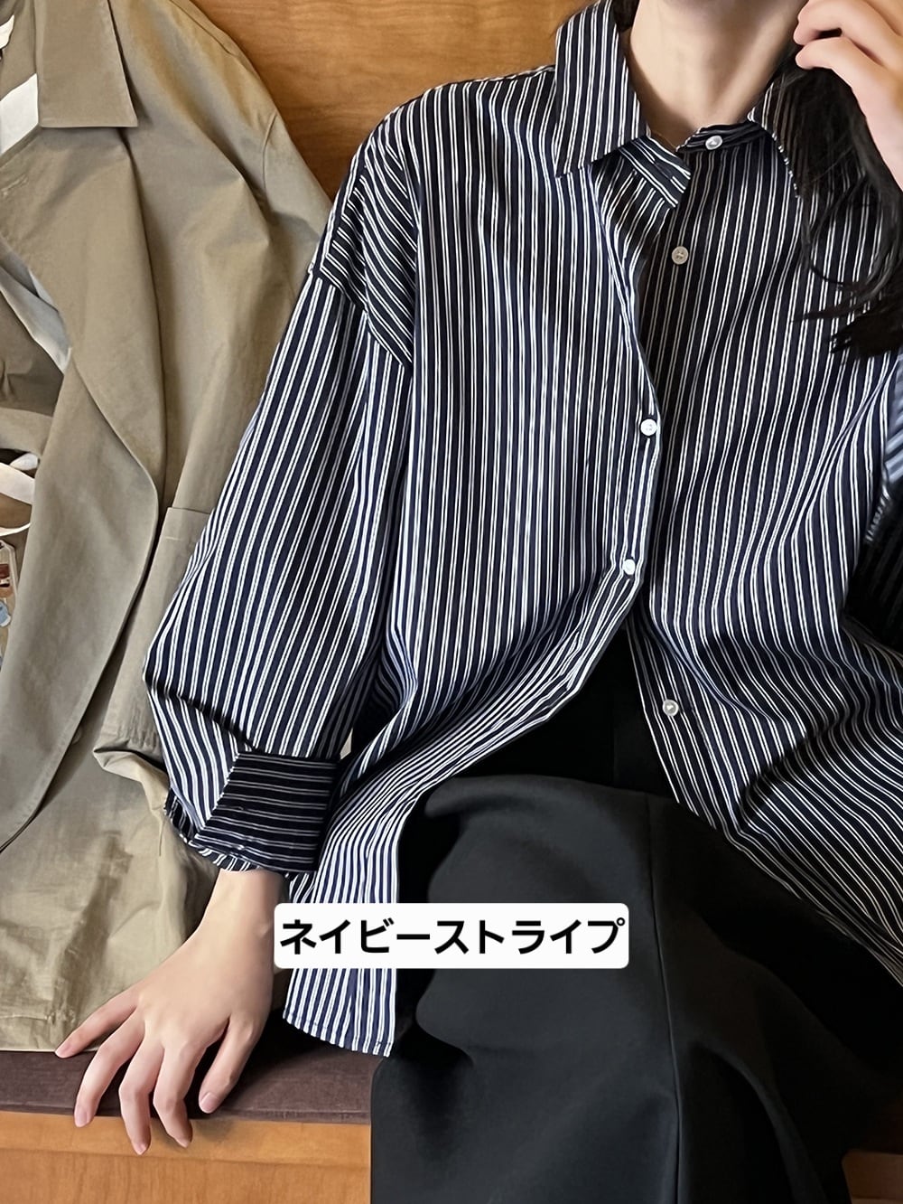 試着のみ rosymonster ハートロゴストライプベーシックシャツ ネイビー
