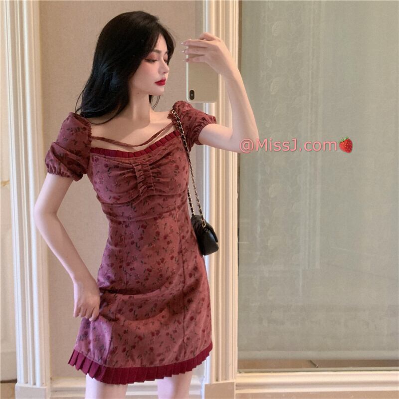 スプリングサマースタイル薄手ウェストコーデュロイスリーブスカート スタンダードフローラルドレス レトロ 春物 夏物 花柄 ドラファッションホール73233569092
