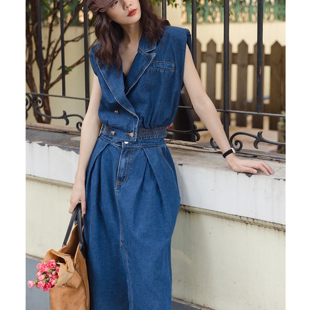 denim sleeveless set up suit A-00591