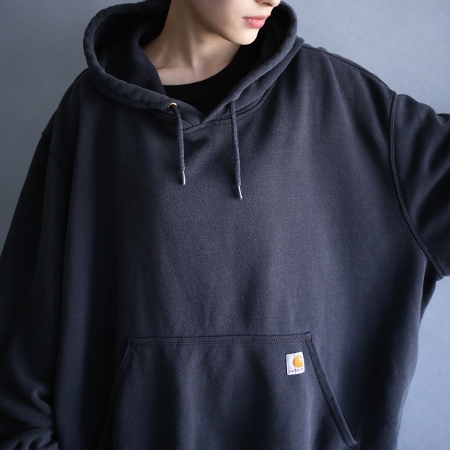 "Carhartt" sleeve printed super over size black sweat parka