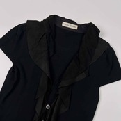 HIROKO KOSHINO ヒロココシノ 山羊革 ゴートレザー 切替 カシミヤ混 レーヨンニット 半袖 カーディガン サイズ 38 /ブラック