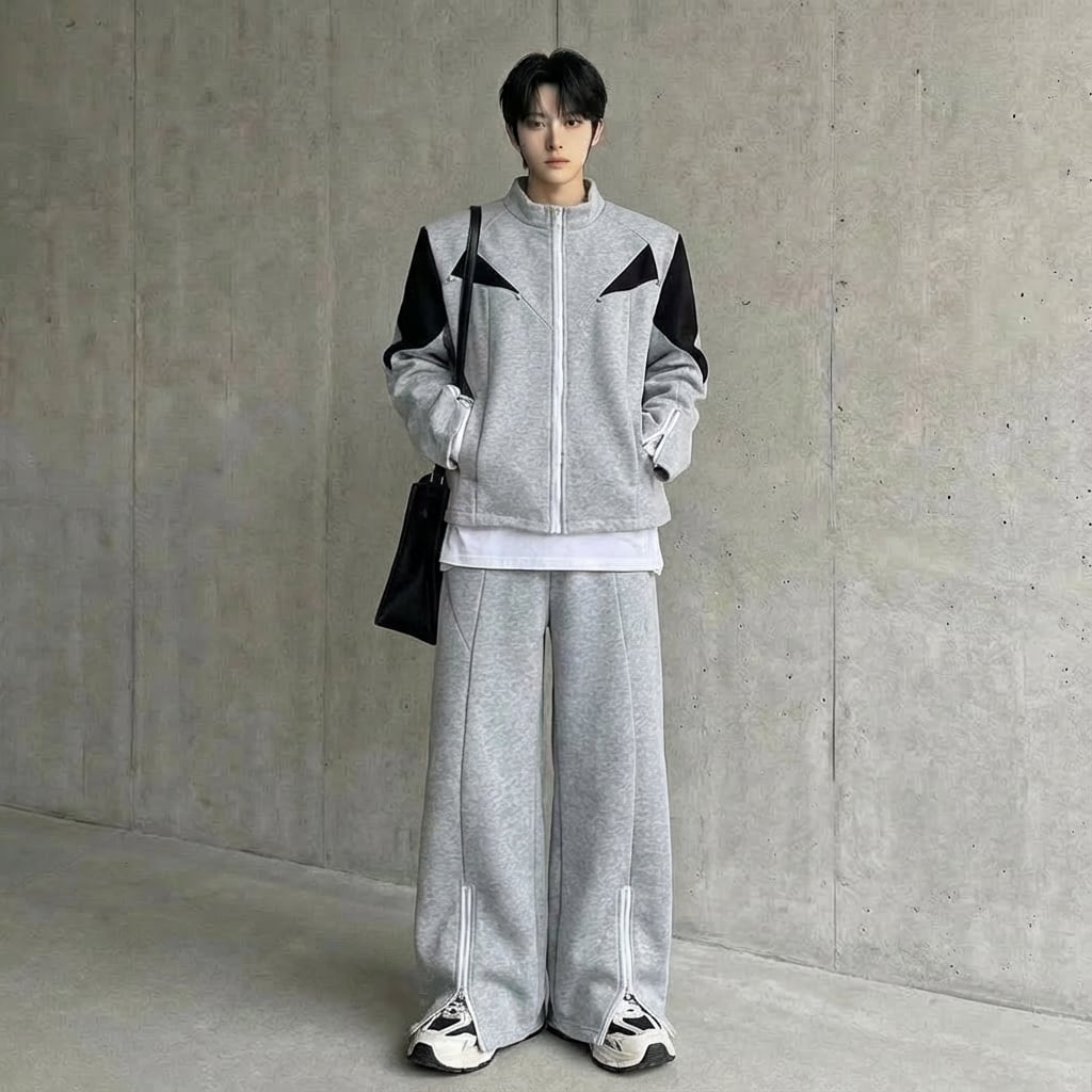 スタンドカラースポーツジャケット&ジッパーワイドレッグパンツツーピース 2カラー D11872