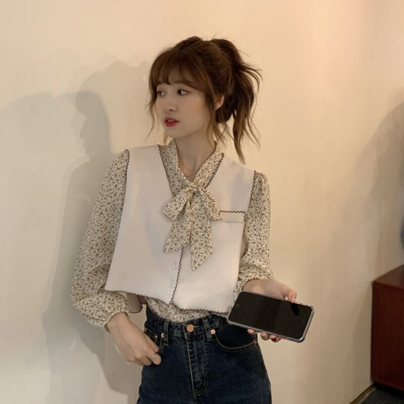 シャツオータムスタイル薄手スタンダードフローラルシフォンブラウス レトロ 秋物 花柄 1号婦人47241737198