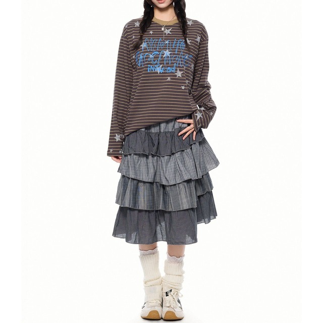 スターピンストライプレタリングロングスリーブTシャツ 2col   R02565