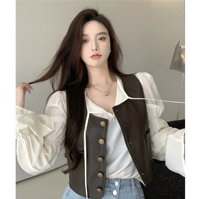 スタンダードVネックレザーオータムスタイルルーズクロップドジャケット レトロ 秋物 ガールズファッション64386017433