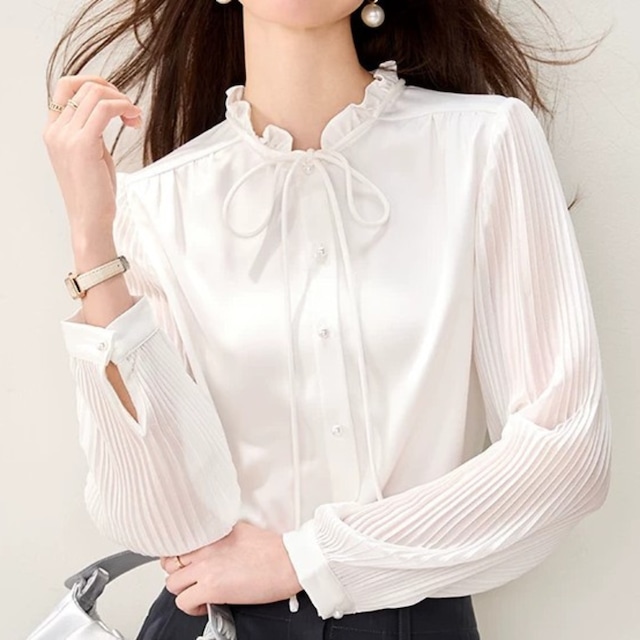 Stand collar elegant sleeve pleats slim blouse
