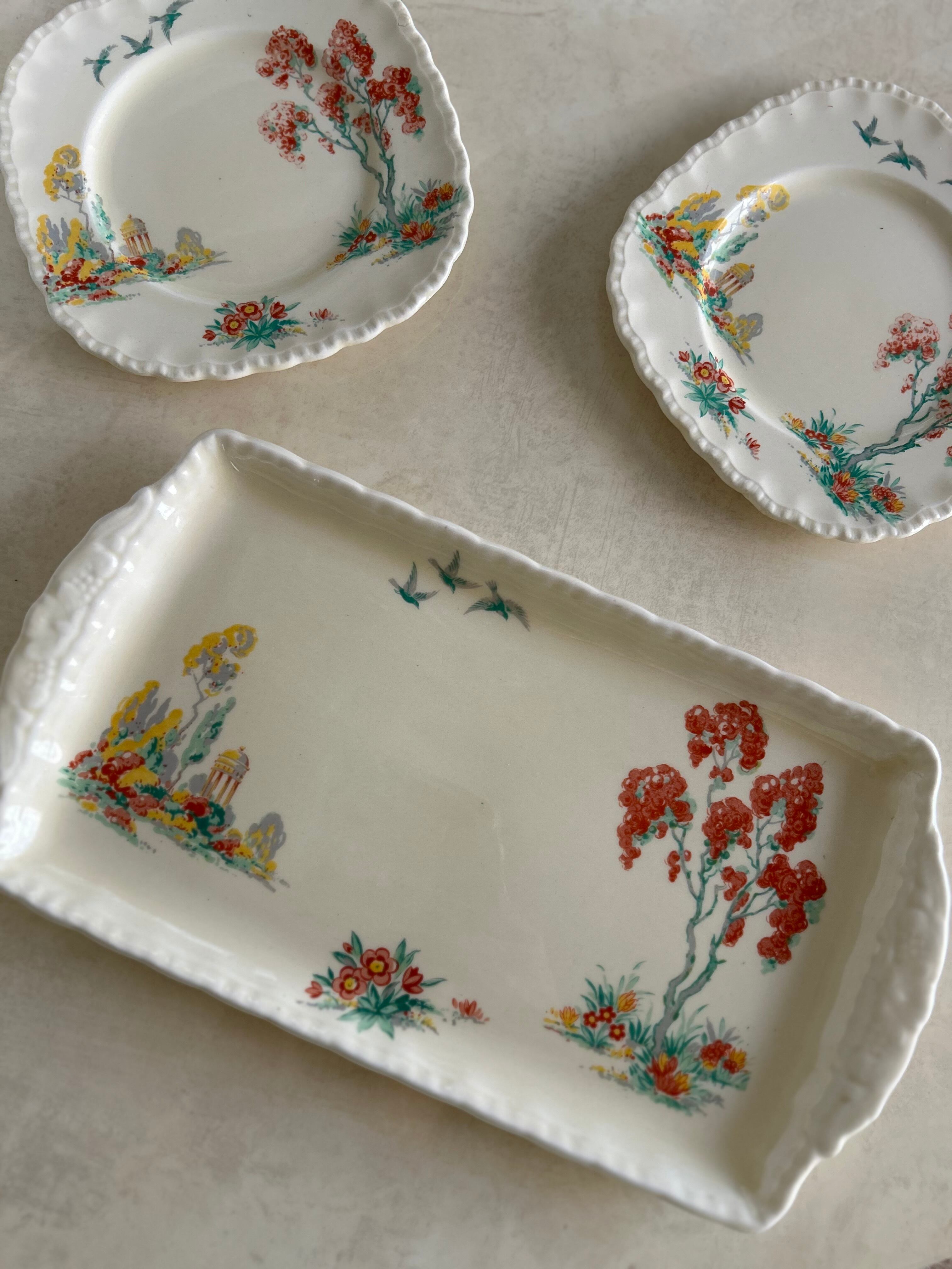 英国アンティーク GRINDLEY グリンドレー 1930年代 サンドイッチプレート 庭と小鳥 テーブルウェア BE