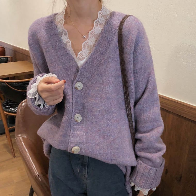 秋 冬 レディース カーディガン ワンカラー くすみカラー 紫 Vネック